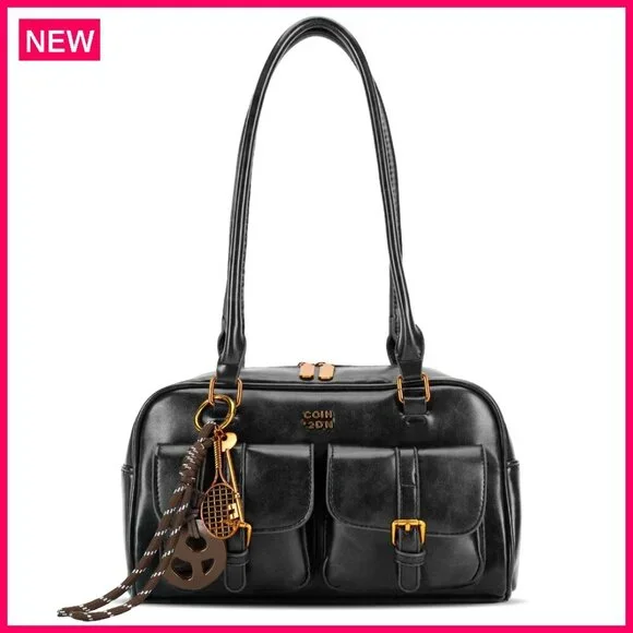 PU Leather Shoulder Bag Top Handle Multiple Pockets Retro Y2K Tote - Picture 1 of 8